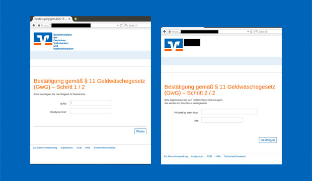 Phishing-SMS Geldwäschegesetz Ansicht der betrügerischen Internetseiten mit Eingabemasken