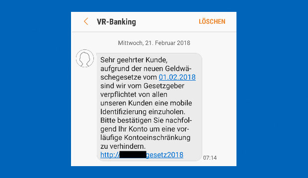 Phishing-SMS Geldwäschegesetz Ansicht der Phishing-SMS